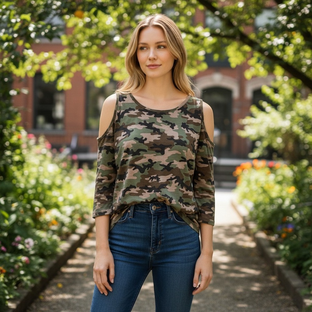 Bobbie Brooks Womens‎ Camo Cold Shoulder Mini Dress Camouflage 3/4 Sleeve Medium